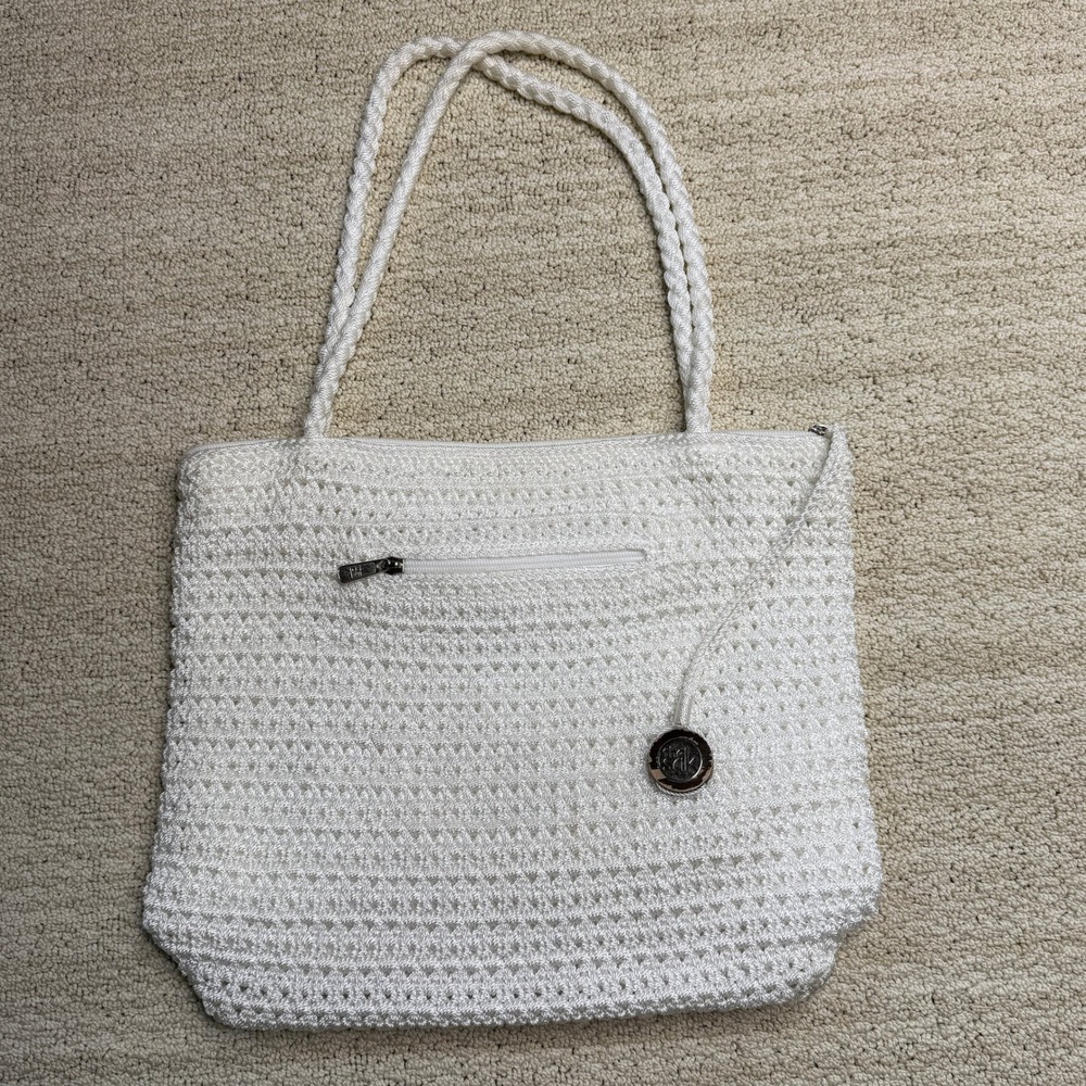 The‎ Sak Crochet Tote Bag Women's Large White Woven Shoulder Bag Casual Zippered